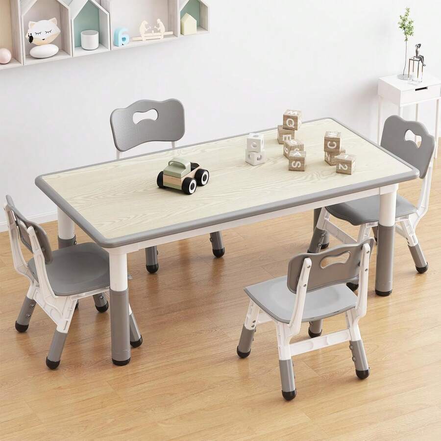 PtioHavn Juego de mesa y silla para niños con 4 asientos, regulable en altura, con tablero de graffiti y patas antideslizantes, adecuado para el aula de guardería y el hogar Juego de mesa y silla para actividades infantiles, adecuado para niños de 2 a 10 años. - Gris Claro - Ver 1