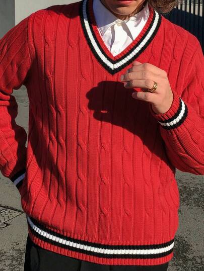 Men's Casual Loose Contrast Color Twist Rope Pattern Retro American Street V-Neck Long Sleeve Knitted Pullover Sweater, Autumn/Winter