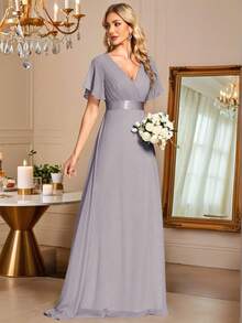 Elegant V-Neck Ruffle Butterfly Sleeve Gray Bridesmaid Dress, Guest Dress, Semi-Formal Dress For Wedding, Birthday Party, Graduation, Valentine's Day - Grey - View 8
