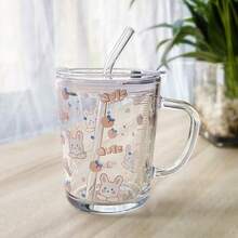 Cartoon Print Glass Cup With Straw, Lid & Spoon, Cute Milk Cup, Breakfast Cup, Gift - Multicolor - View 8