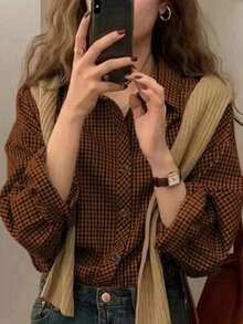 Plus Size Women's Casual/Work Plaid Shirt, Classic Shirt Collar, Front Button Closure, Regular Length Casual Top Spring - Orange - View 2