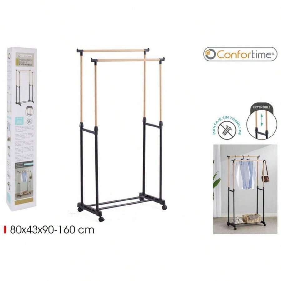 ZYLX SHOPPING - Perchero Doble Extensible con Barras de Madera y Base Metálica 80x43x90-160 cm Confortime - Negro - Ver 1