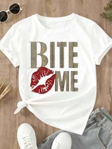 Bite Me Leopard Print T Shirt Women Casual Graphic Tee Top Sexy Red Lips Design Short Sleeve Fashion Statement Shirt - 白色 - 查看 2