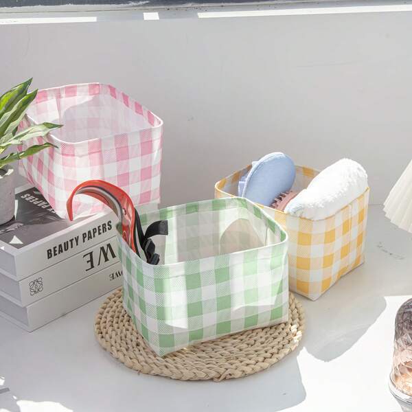4pcs/1pc Plaid Fabric Storage Basket, Multi-Color Desktop Organizer Basket, Home Bedroom Makeup Storage Box, Living Room Snack Toy Storage Basket, Dorm Book Clothes Storage Basket, Lightweight And Portable, Keep Space Tidy And Organized