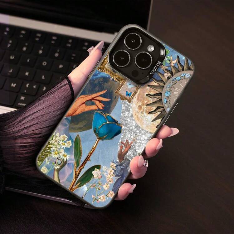 Funda plateada de color con collage vintage de rosa azul y luna, a prueba de golpes, duradera y visualmente única para iPhone 14 Plus/15 Pro Max/16/13 Pro - Plateado - Añade 1