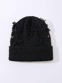 1pc Men's Fashionable Distressed Fringe Knit Beanie Hat, Suitable For Autumn/Winter Daily Wear And Keeping Warm - A - View 9