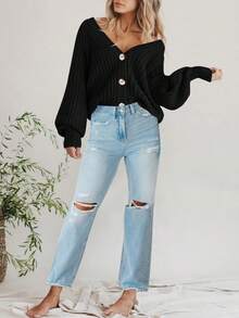 Women's Fall Chunky Knit Open Front Sweater Long Sleeve Button Loose Short Cardigan Outerwear Coats - màu đen - Xem 4