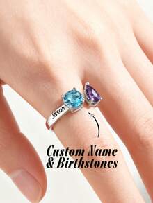 1pc Personalized 925 Sterling Silver Birthstone Ring, Can Be Customized With Family Surname, Ideal Gift For Women, Mothers, Grandmothers, Christmas - Antique Silver - View 2