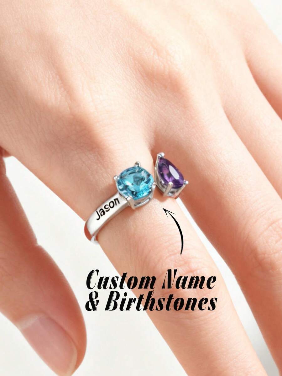 1pc Personalized 925 Sterling Silver Birthstone Ring, Can Be Customized With Family Surname, Ideal Gift For Women, Mothers, Grandmothers, Christmas
