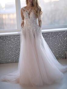 Elegant Romantic Boho Long Sleeves Lace Appliques Tulle Wedding Dress Registration,Evening Party Dress Birthday Party Dress,Romantic Church Ceremony Wedding Dress,Suitable For Wedding,Dating,Party,Singles' Party,Vacation,Formal Occasions,Dinner Dress,Prom Dress,Homecoming Dress,Cocktail Party,Wedding Guest Dress,Graduation - 白色 - 查看 2