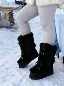 Faux Fur Boots For Women Winter Snow Boots Platform Lace Up Round Toe Boots Warm Snow Shoes Fluffy Winter Boots - màu đen - Xem 4