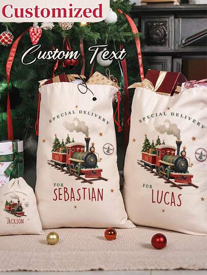 Personalized Name/Message Custom Santa Sack Gift Bags - Bulk & Adult Christmas Party Favor Bags With Name Tags, Durable, Red & White Trim, Train & Snowflake Design (For Jacob/Lucas Example) - Holiday Party Supplies, Christmas Drawstring Gift Bags, Advent Bags