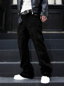 Men's Slant Pocket Stretch Skinny Distressed Washed Denim Jeans, Fashionable & Versatile - Black - View 4