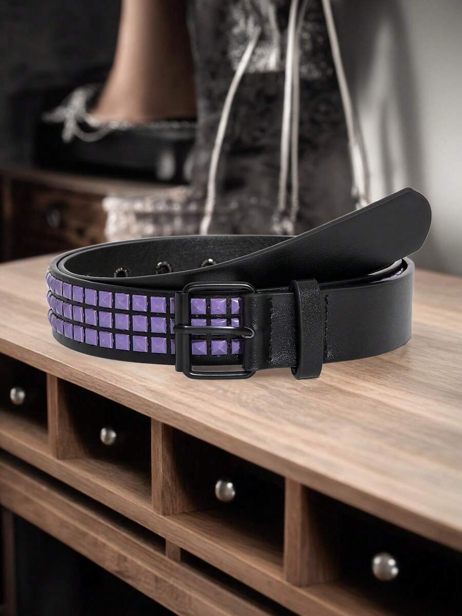 1 chiếc thắt lưng quần jean đính đinh tán nhiều màu phong cách Punk Y2K dành cho nữ - Màu tím - Xem 1