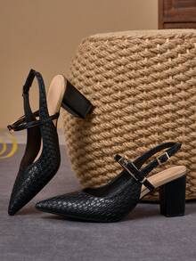 WHDXY 黑色编织纹理粗跟尖头高跟鞋，女式系带高跟鞋，时尚百搭，适合日常穿着、办公和派对场合。