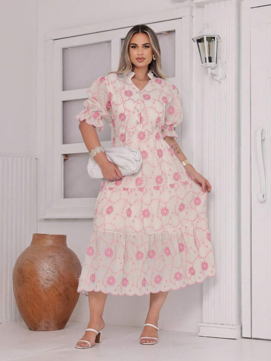 Women's Midi Dress In 3D And Plain Lace Fabric With Elastic At The Back, Button At The Front, And Lining. - 白色/粉紅色3d - 查看 1