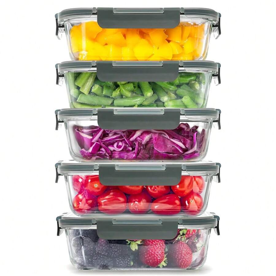 Glass Food Storage Containers With Lids 5pcs 1040ML, Glass Meal Prep Containers With Lids, Meal Prep Containers Reusable Glass Glass Lunch Box With Lids Clip Lock Glass Food Containers - White - View 1