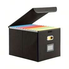 Piorlado Portable File Organiser Box With Lid, Foldable Filing Storage Boxes With Plastic Slide, Decorative Home/Office Filing System For File And Folders Storage (Black) - Black - View 11