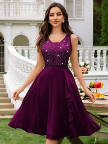 MIUSOL Deep V-Neck Sequin Lace Ruffle Hem Chiffon Ballgown Wedding Party - Maroon - View 8