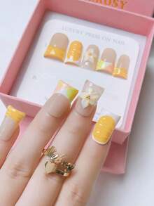 nailrosy 10Pcs Handmade Press On Nails Kit Short Duck Orange Y2K Nails Wedding Christmas Press On Acrylic Nails Poly Gel Nail Kit Fake Nails Wedding Birthday Party Emo Goth Acrylic Nails Supplies Cute Elegant 3D Nail Art Gel Carving Gel Flowers Winter - Yellow - View 2