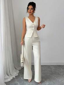 Conjunto de pantalón y top sin mangas para mujer, elegante y cómodo, adecuado para usar en la oficina en primavera, verano y otoño. - Blanco - Ver 5