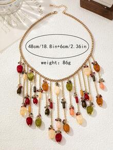 1pc Women's Beaded Necklace, New French Retro Exquisite Colorful Pearl Tassel Chain Necklace, High-End Sweater Chain Mermaid Accessory, Suitable For Halloween, Christmas, Thanksgiving Wear - Multicolor - View 3