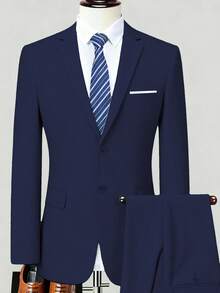 Mens Slim Fit 2-Piece Suit Two Buttons Notched Lapel Solid Suit Jacket Pants Set Tuxedo For Prom Concert Graduation Season Size XS-3XL Men's Spring New Products Suit Sets For Wedding Concert  Graduation Season - Navy Blue - View 5