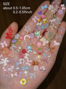 50克/包（500-600件）3D混合彩色指甲饰多形状心形花朵蝴蝶结形指甲饰树脂平底美甲水钻饰美甲DIY工艺品珠宝配饰指甲宝石美甲用品指甲
