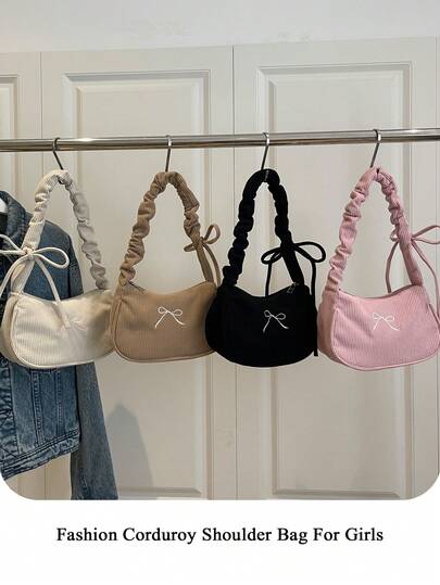 1pc Cute Bow Embroidered Girl's Shoulder Bag, Drawstring Strap Design, Children's Casual Bag, Coin Purse, Lightweight & Portable, Zipper Closure, Daily Storage Bag, Travel, Holiday, Shopping, Outdoor, Supermarket, Gift For Daughter, Fashionable Solid Color Corduroy Casual Bag, Key Holder, Suitable For Children, Students, Girls, Teenagers, Travel Accessories