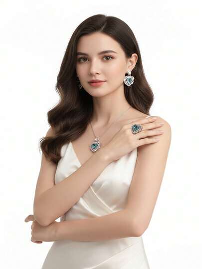 Set da 4 pezzi di collana, orecchini e anelli con pendente a forma di cuore in acciaio inossidabile e perle di colore azzurro chiaro, accessori di moda da donna, adatti per banchetti, feste, uscite quotidiane e pendolarismo