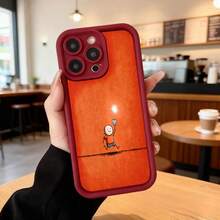 Cubierta de teléfono con borde negro y diseño de dibujo animado naranja con personaje corriendo sobre una línea para uso diario en cafeterías y espacios casuales Aplicable a los teléfonos de la serie Apple y Galaxy - Café integral - Ver 5
