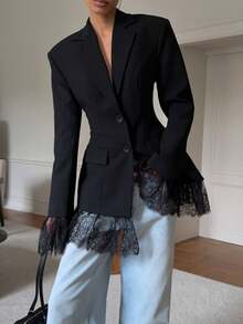 Áo khoác blazer nữ màu trơn, chất liệu vải dệt, có túi, phối ren và khuy cài ở eo, phù hợp cho công sở, hẹn hò buổi tối, các dịp trang trọng vào mùa thu/đông/xuân. Màu đen. - màu đen - Xem 2