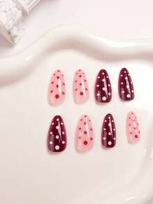 24-Piece Long Almond-Shaped Press On Nails, European And American French Solid Polka Dot Summer Nails, Simple And Sweet, Reusable Design, Suitable For Women's Daily Life And Travel