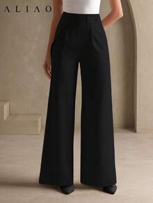High Waist Solid Color Wide Leg Pants, Elegant, Business Casual, Court Style, Modest, Business Casual, Spring, Going Out - Black - View 3