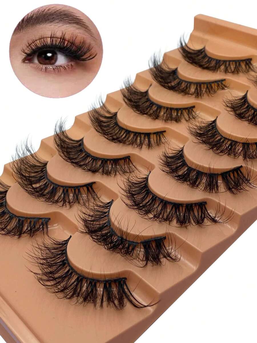 7 Pairs Natural Wispy False Eyelashes, 3D Voluminous Fluffy Cat Eye Lashes, Easy Strip Applicatio - Black - View 1