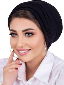 1pc Women's Classic 2-In-1 Instant Turban Headscarf & Headband, High Elasticity Pleated Design, Moisture-Wicking Jersey Fabric, Suitable For Muslim Daily Life And Gatherings,Beach,Holiday,Accessories,Travel Essential - Black - View 3