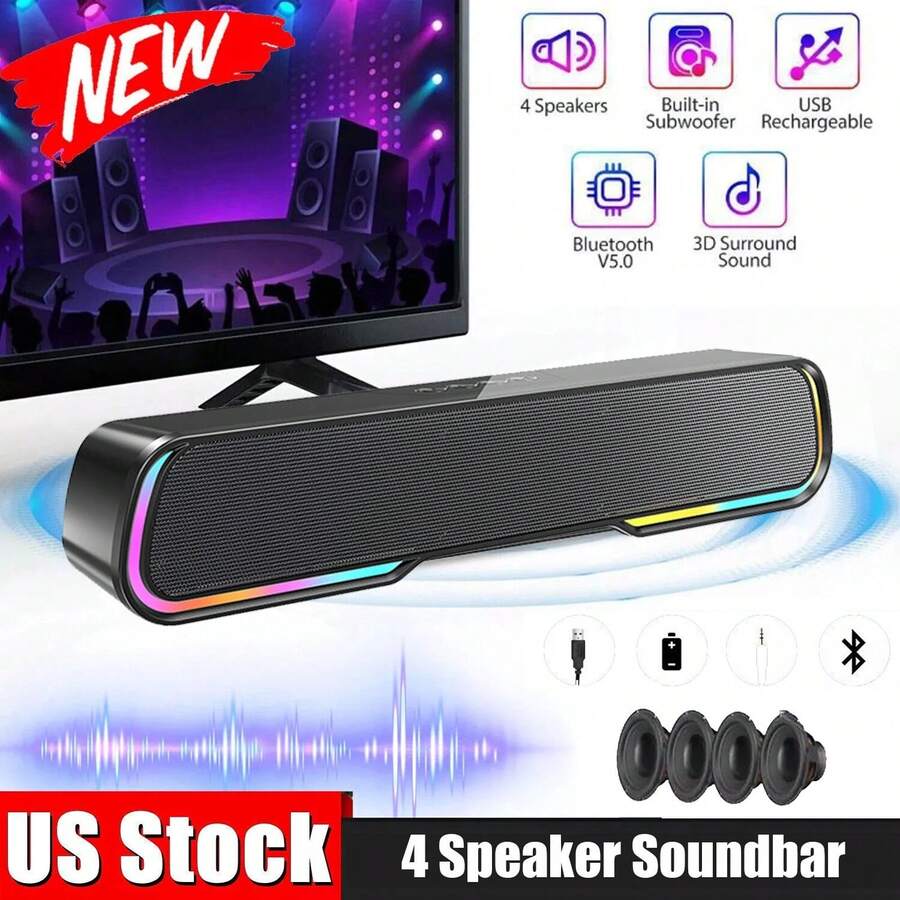 3D Surround Bluetooth Sound Bar, High-Quality Speaker Material, Home Theater Soundbar, 4 Speakers & RGB Light Detail, 1200mAh Battery, USB/SD/AUX/FM Radio Support, Built-In Subwoofer & USB Rechargeable, Wireless Bluetooth Speaker Ideal For TV/Music/Gaming - 黑色 - 查看 1