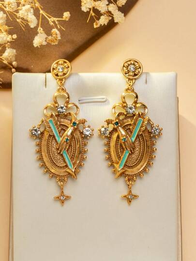 Vintage Goldvogel & Türkis Emaille Ohrringe - Europäischer Barock Stil geschnitzter Strass Ohrringe - Viktorianisch Retro Vogel geformte Strass Ohrringe - Schwere Vintage Goldvogel Ohrringe - Retro Palast Stil Türkis Strass Vogel Ohrringe, geeignet für Vintage-Themen Partys: Kombinieren Sie mit Retro-Kleidern, um eine starke Barock- oder viktorianische Vintage-Atmosphäre zu schaffen