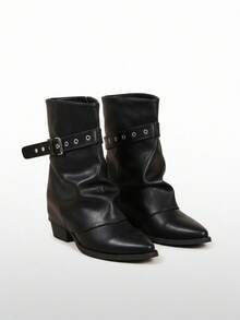 2025 Autumn/Winter New Design Slim Fit Stacked Heel Ankle Boots With Belt Buckle, Sexy Style, Black - Black - View 4
