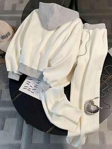 大码女装新款时尚休闲舒适灰白拼接撞色蜂蜜刺绣弹力腰两件套，纯色设计，适合秋冬季休闲、居家、日常、户外、通勤穿着。 - 白色 - 查看 2