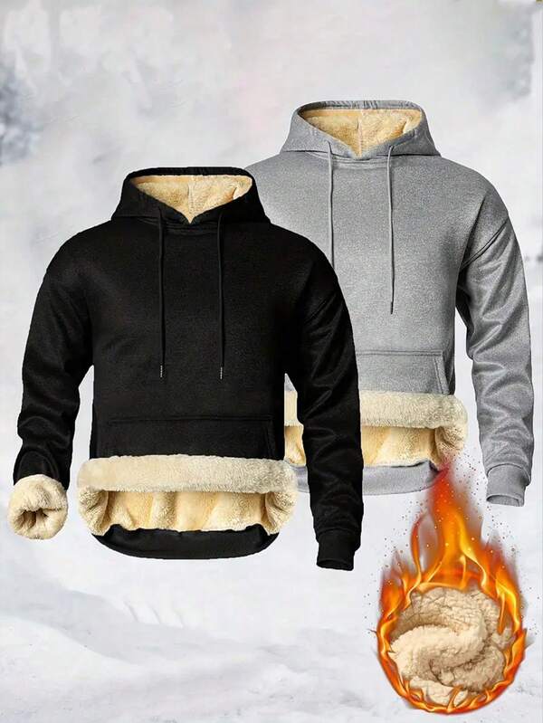 Moletom masculino com capuz forrado de lã, quente para o inverno, com bolsos grandes, cor sólida, casual para atividades ao ar livre