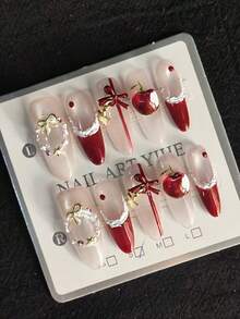 10 Pcs Handmade Press-On Nails Set – Coffin Shape | Red & Champagne Gold With 3D Apple, Bow, Wreath & Star Charms | Luxury Glossy Reusable Nail Art For Women | Elegant Valentine's Day & New Year Gift Manicure Set | Premium Nail Tips For Long-Lasting Glamour & Sophisticated Look - "Điều ước đỏ thẫm" - Xem 13