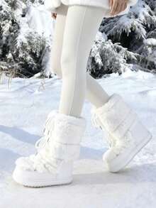 Faux Fur Boots For Women Winter Snow Boots Platform Lace Up Round Toe Boots Warm Snow Shoes Fluffy Winter Boots - 白色 - 查看 3