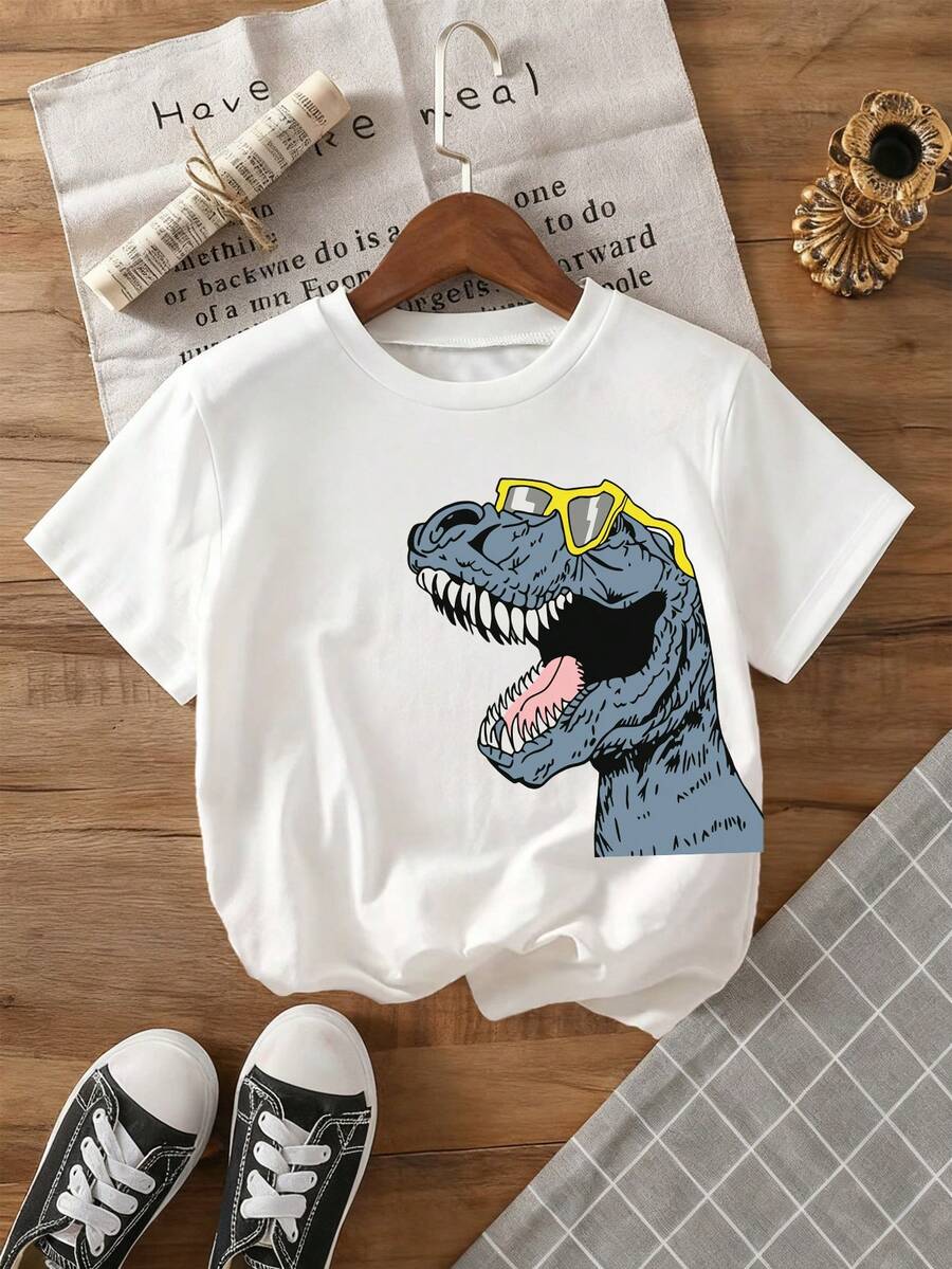 男童休闲恐龙印花短袖T恤，夏季 - 白色 - 查看 1