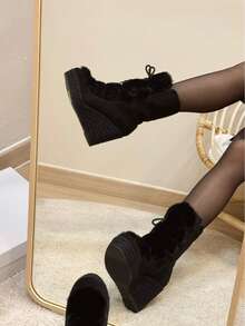 Botines de cuña con suela de yute para mujer, diseño con pelo decorativo y cordones, con plataforma y unicolor súper moda, ideal para la fiesta y vacaciones - Negro - Ver 6