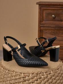 WHDXY 黑色编织纹理粗跟尖头高跟鞋，女式系带高跟鞋，时尚百搭，适合日常穿着、办公和派对场合。