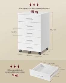 VASAGLE Archivador móvil con Ruedas, Soporte para Impresora con 5 cajones, rieles deslizantes sin Herramientas, para Estudio, Oficina en casa, Blanco Nube - Blanco - Ver 6