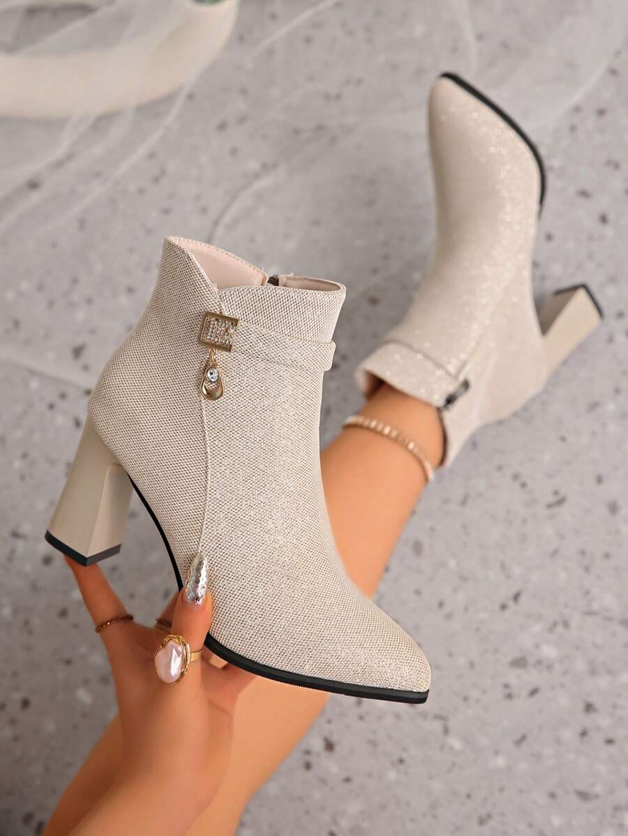 时尚休闲百搭女士踝靴，2025冬季新款时尚优雅不挑剔显瘦尖头高跟侧拉链厚底时尚靴 - 米色 - 查看 1