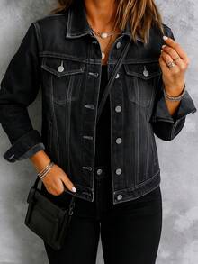 Nova Coleção de Outono/Inverno: Jaqueta de Cowboy Preta para Mulheres, Estilo Vintage Americano, Lavagem à Água, Versátil, Solta e de Veludo