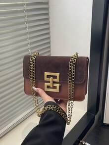 Bolso de hombro cuadrado de terciopelo texturizado vintage, bolso de cadena elegante de unicolor, cartera clásica de mujer - Marrón - Ver 2